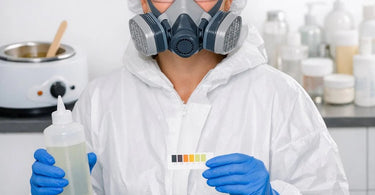 Protective gear for chemical service techs including gloves, goggles, and mask displayed on a salon counter