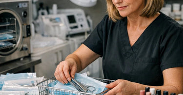 Selection of autoclave wraps and sterile pouches for medical spa instruments laid out on a treatment table.