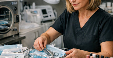 Selection of autoclave wraps and sterile pouches for medical spa instruments laid out on a treatment table.