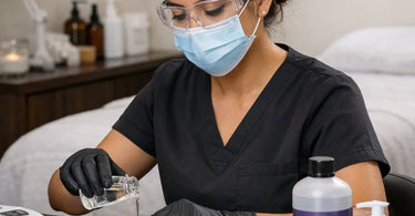 Protective gear for salon technicians using monomers including nitrile gloves, respirator mask, and spill-proof dappen dish.
