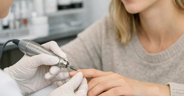 Close up of various colored diamond e-file bits spread out on a white surface, demonstrating the different grits and bands for professional manicures.