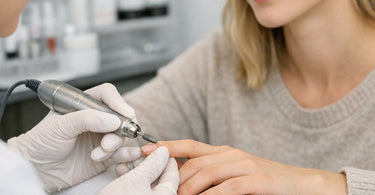 Close up of various colored diamond e-file bits spread out on a white surface, demonstrating the different grits and bands for professional manicures.