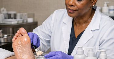 Professional applying AHA foot peel treatment with booties in a spa setting.