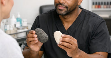 Assorted grades of pumice stones for professional pedicures displayed on a white surface with foot care tools