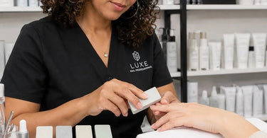 A nail technician's hand holding a professional nail buffer, demonstrating the process of achieving a high-shine finish on a natural nail with various grits.