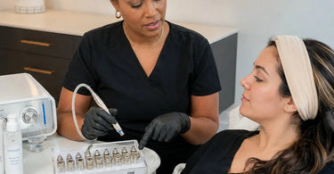 Various diamond-tip microdermabrasion wands with fine, medium, and coarse grits lined up on a spa counter. A professional aesthetician's hand reaches for a wand, symbolizing precision and expertise.