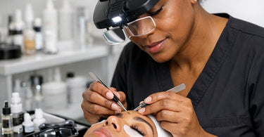Close up of professional lash artist using magnifying lamp for precision eyelash extension application in salon studio