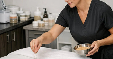 Selection of professional body scrubs with different micron sizes displayed on a spa table with white towels and bamboo accessories