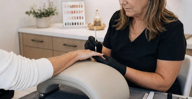 Close up of a client's hand resting on a soft, pink ergonomic armrest during a professional manicure at a salon.