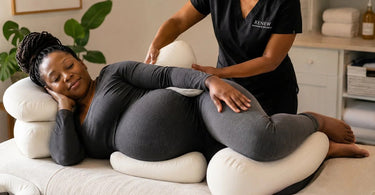 Assortment of pregnancy massage bolsters and wedge cushions displayed on a spa table for prenatal comfort