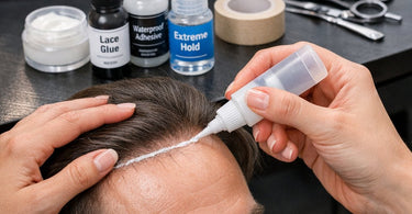 Selection of professional hair piece glues and adhesives for salon and barber use displayed on a white surface