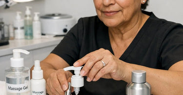 A professional massage therapist selecting the appropriate lubricant for massage tools on a treatment table at a spa.