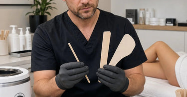 A professional esthetician selecting the right type of waxing spatula for different wax consistencies in a modern spa treatment room, showcasing various spatula sizes and materials.
