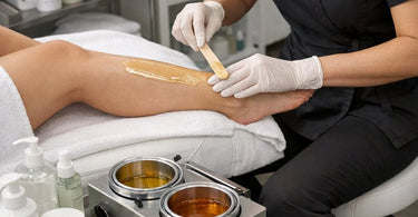 Professional esthetician working on a client in a spa treatment room while seated on a modern adjustable hydraulic stool, demonstrating proper posture and ergonomic equipment use.