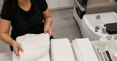 An assortment of high-quality towels in different colors folded neatly on a wooden shelf, perfect for salon and spa use.