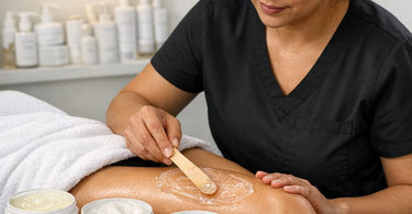 Close up of professional body contouring gel being applied to skin showing perfect medium viscosity texture for spa treatments