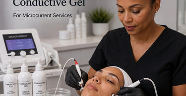 A visual guide comparing low, medium, and high viscosity conductive gels for microcurrent services, highlighting the best choice for facial lifting, toning, and professional spa treatments.