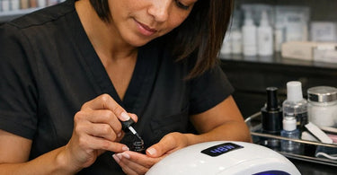 Professional UV nail lamp with varying wattage options curing gel polish on a client's hand in a salon setting