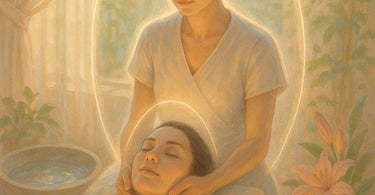 A spa professional in a serene treatment room taking a deep, centering breath with eyes closed, surrounded by calming plants and soft light, embodying the practice of setting energetic boundaries.