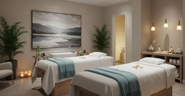 A serene couples massage room setup with luxurious furniture and calming decor