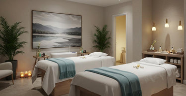 A serene couples massage room setup with luxurious furniture and calming decor