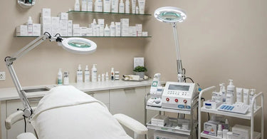 A serene and well-organized facial room setup with essential spa equipment