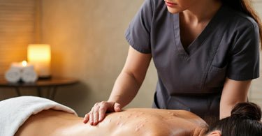 Massage therapist assessing a client's back with acne