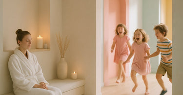 Contemplative spa owner considering child-free policy while holding massage oils