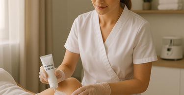 Esthetician applying numbing cream before waxing treatment