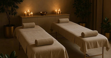 A serene spa treatment room with a client enjoying a silent facial, showcasing a tranquil and premium atmosphere
