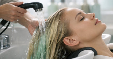Close-up image showing the dramatic difference between hair with green chlorine damage and healthy, restored blonde hair after using a professional clarifying shampoo.
