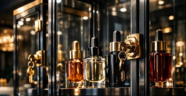 A sleek, clear acrylic lockable display case filled with luxury skincare serums and bottles in a modern spa retail setting