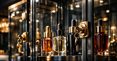 A sleek, clear acrylic lockable display case filled with luxury skincare serums and bottles in a modern spa retail setting