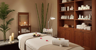 Luxurious spa room design with comfortable furniture and calming decor
