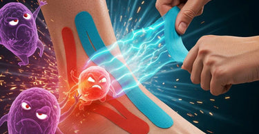 Close-up of kinesiology tape applied to a shoulder to reduce inflammation