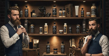 Gibs Grooming products for beard, hair and body care displayed on salon shelves