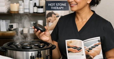 A serene spa setting with basalt hot stones arranged on a massage table, inviting regular clients to upgrade their experience with a warm, therapeutic enhancement.