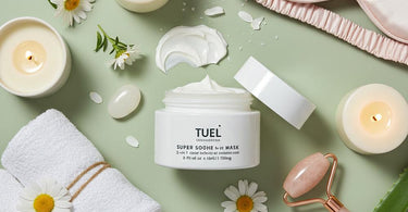 Tuel Super Soothe 2-in-1 Calming Mask product shot with soothing blue background