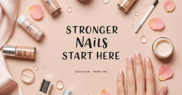 Close-up of healthy nails with nail care products like cuticle oil and nail files