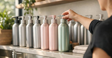 Sleek refillable aluminum bottles for salon shampoos and conditioners arranged on a spa towel, showcasing sustainable professional hair care packaging.