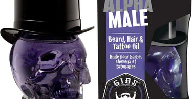 GIBS Alpha Male Beard, Hair, and Tattoo Oil in a glass skull bottle - the ultimate grooming essential for salons and barbers