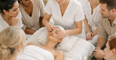 A spa professional teaching a hands-on workshop to a small group of engaged students in a beautiful, well-equipped salon setting