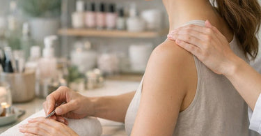 A nail technician performing an ergonomic manicure on a client, with proper wrist support and both maintaining good, relaxed posture.