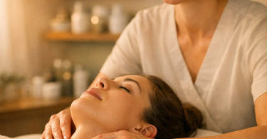 A massage therapist's hands performing a gentle assessment on a client's neck and shoulders, demonstrating the initial pressure check technique in a serene spa setting.