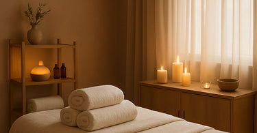 A serene and inviting spa treatment room, showcasing a neatly made massage table with fresh linen, warm lighting, and essential tools like a towel steamer and wax warmer ready for a client, embodying the perfect first impression.