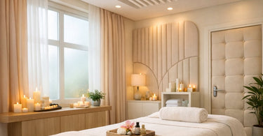 A serene spa treatment room with acoustic wall panels, soft lighting, and a massage table, emphasizing quiet and relaxation.