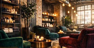 Industrial chic spa interior featuring an exposed brick wall and ductwork, with a luxurious, plush velvet armchair, creating a perfect balance of raw and refined aesthetics.