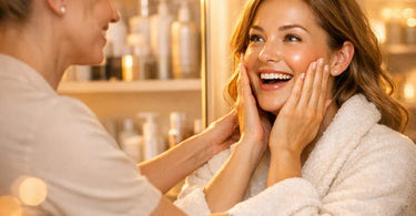 A spa client looking into a mirror with a surprised and delighted expression, having a moment of realizing their own beauty after a professional treatment.