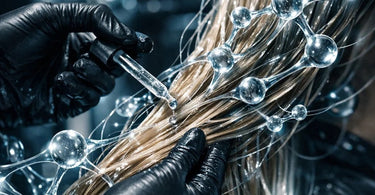 Close-up visualization of hair bond repair showing molecular structures reconnecting damaged hair fibers