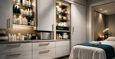 A serene and organized spa treatment room with neatly tucked away supplies and elegant storage solutions, exemplifying the art of concealment.